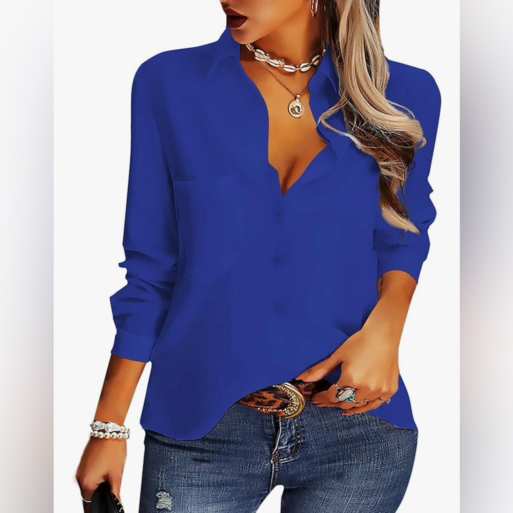 ASEW Women’s Casual Button Down Blouse, V Neck, Chiffon, Blue, Size Large, NWOT